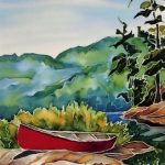 Red Canoe Reflecting | Dyes on Silk | More Details on Request